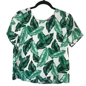 Buddy Love Jungle Blouse Short Sleeve Green & White Palm Leaf Women's Size Small